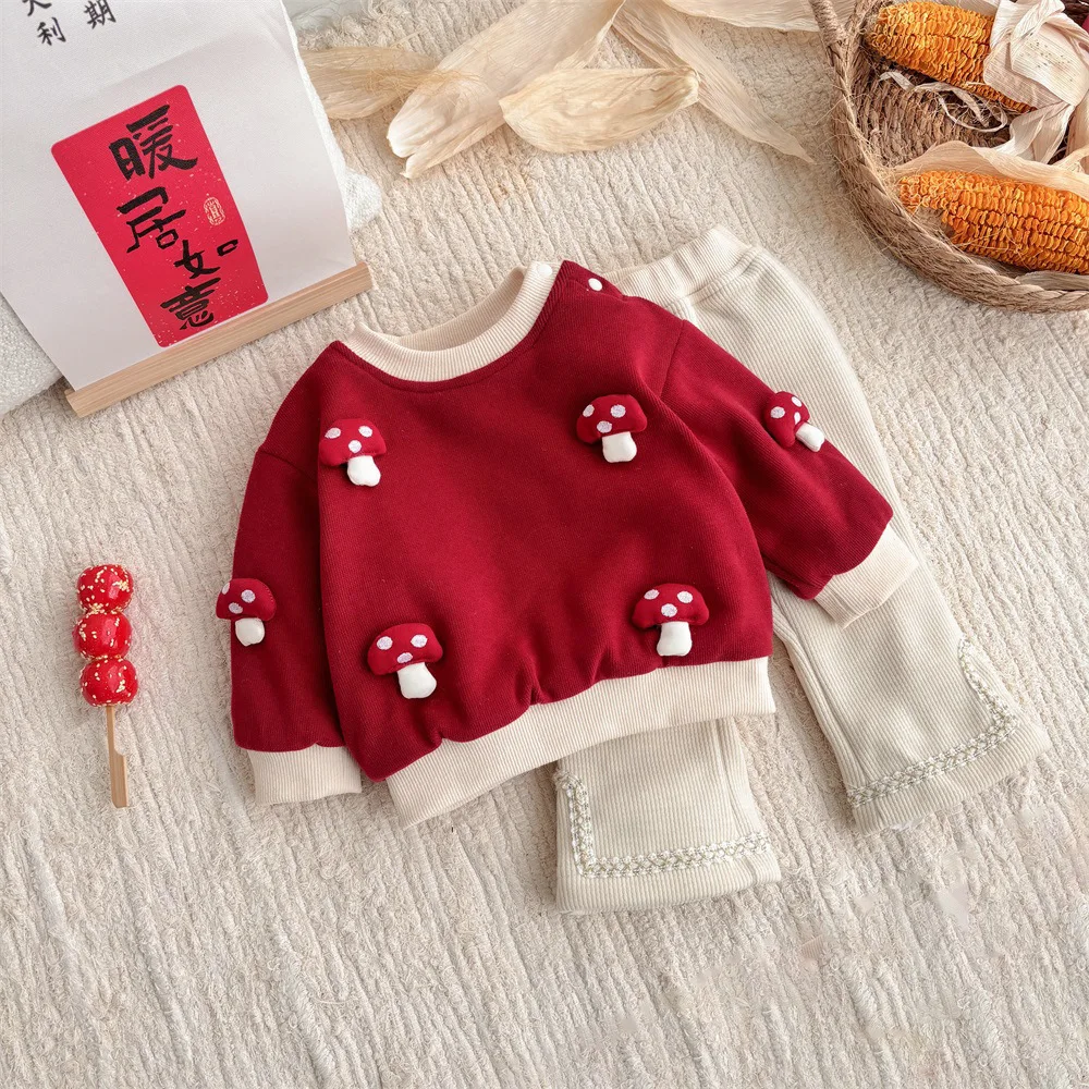 2024 Autumn Winter New in Kids Baby Girls Thicken Warm Clothing Set 2pcs , Infant Toddler Cartoon Top Sweatshirts + Pants 3M-3Y