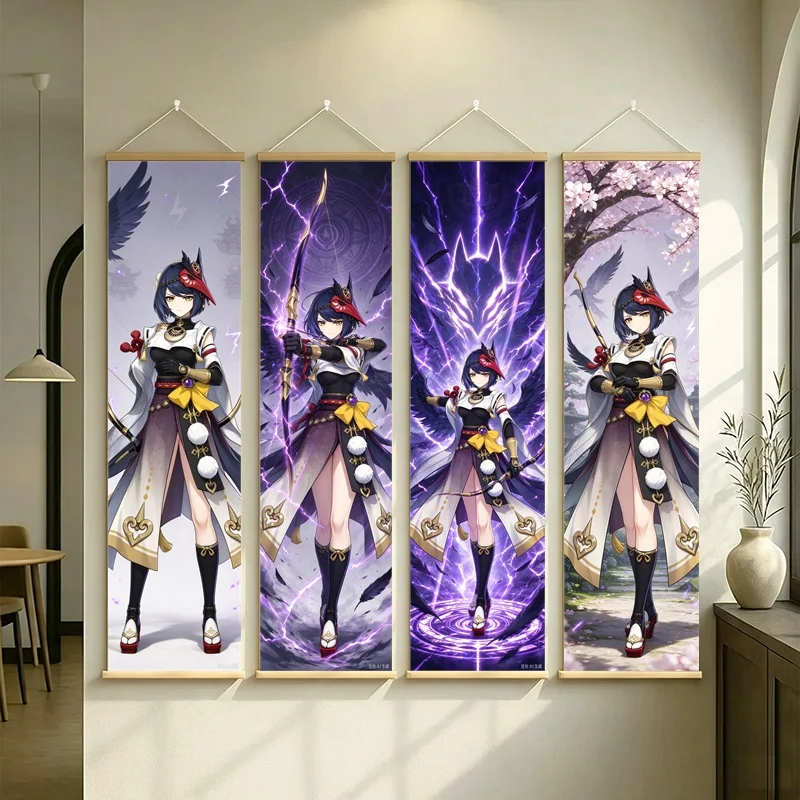 Hanging Scroll Wall Art of Genshin Impact Kujou Sara with Purple Lightning on Silver Shimmer Canvas for an Anime Bedroom