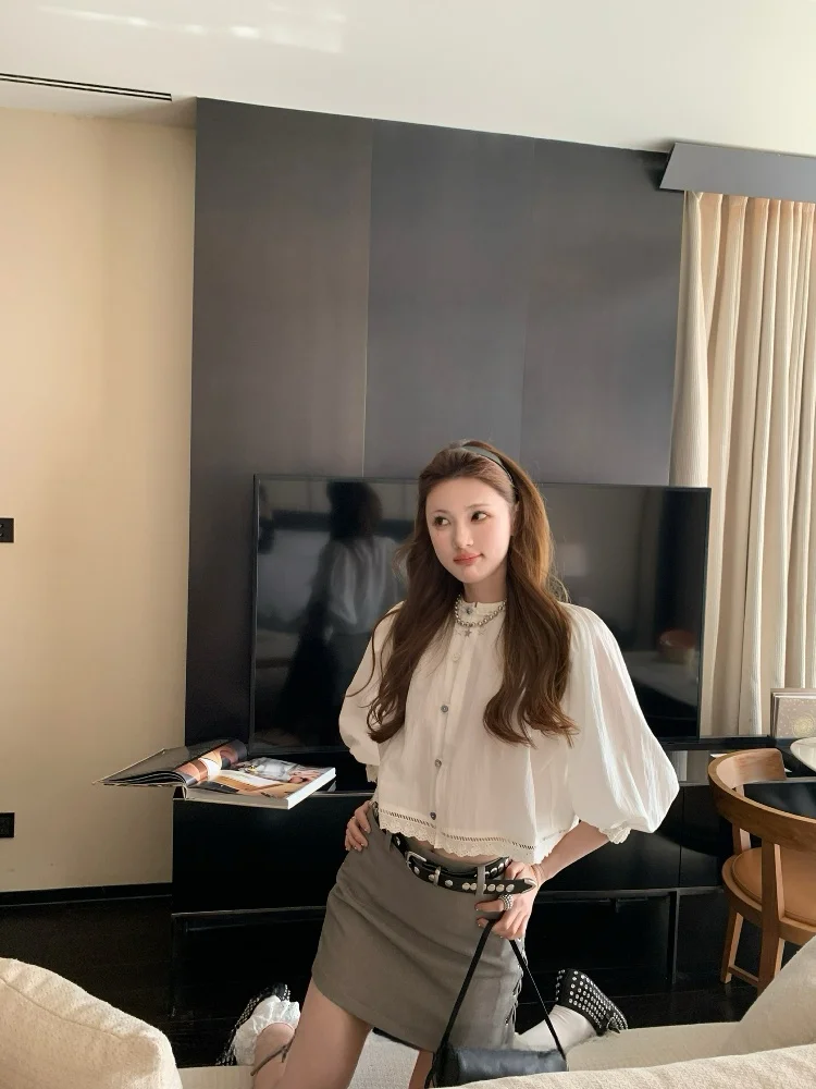 

Casual Silk Cotton irt with Button round Ne Bubble Sve mid Sve Faionable Top for Women Straight Cut Commute Sle