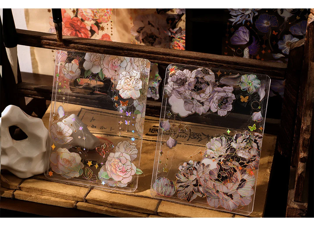 3 Sheets/pack Sky Light Flower Shadow Series 3D Color Hot Gilding PET Stickers China Retro Plants Scrapbook Decorations