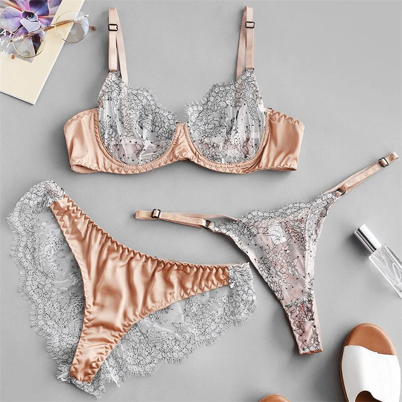 Women's Ultra-thin Steel Ring Eyelashes Lace Stitching Sexy Underwear Three-piece Set Thin Mesh Perspective Sexy Lingerie Set