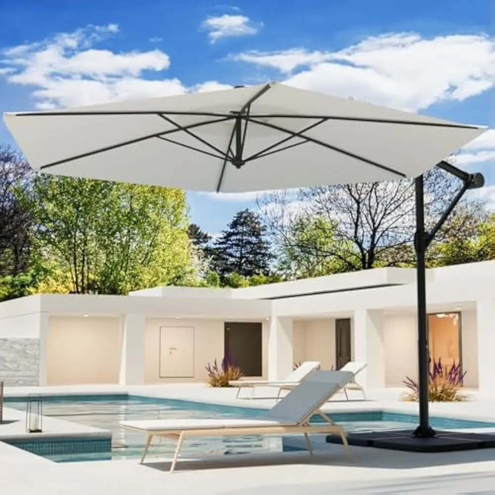 

9FT Offset Patio Umbrella w/360-degree Rotation, Handy Crank, UV & Waterproof Canopy, 6 Ribs for Market, Backyard