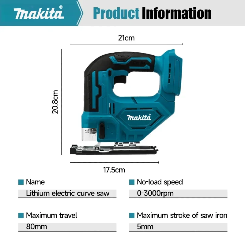 Hurtownia: Wyrzynarka akumulatorowa Makita DJV182: 18V, 300W, 0-2700 obr./min, skok 80mm, ±45° °   Kąt cięcia, do prac z drewnem/plastikiem/metalem