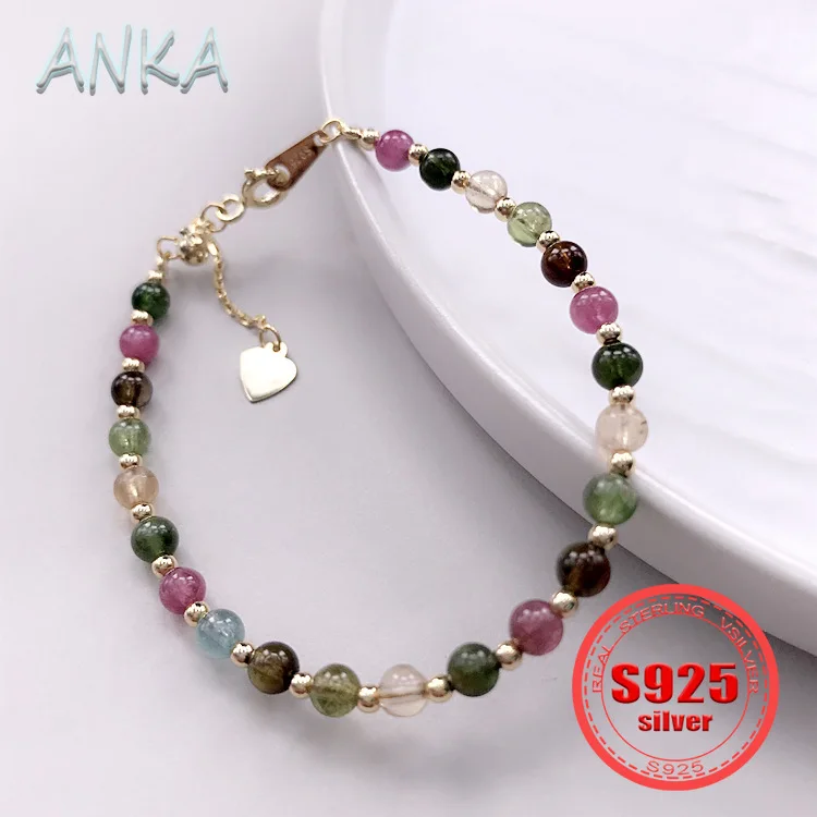 

ANKA NEW S925 Sterling Silver Bracelet Natural Tourmaline Bracelet Simple Fresh Students Personality Girlfriends Sister Bracelet