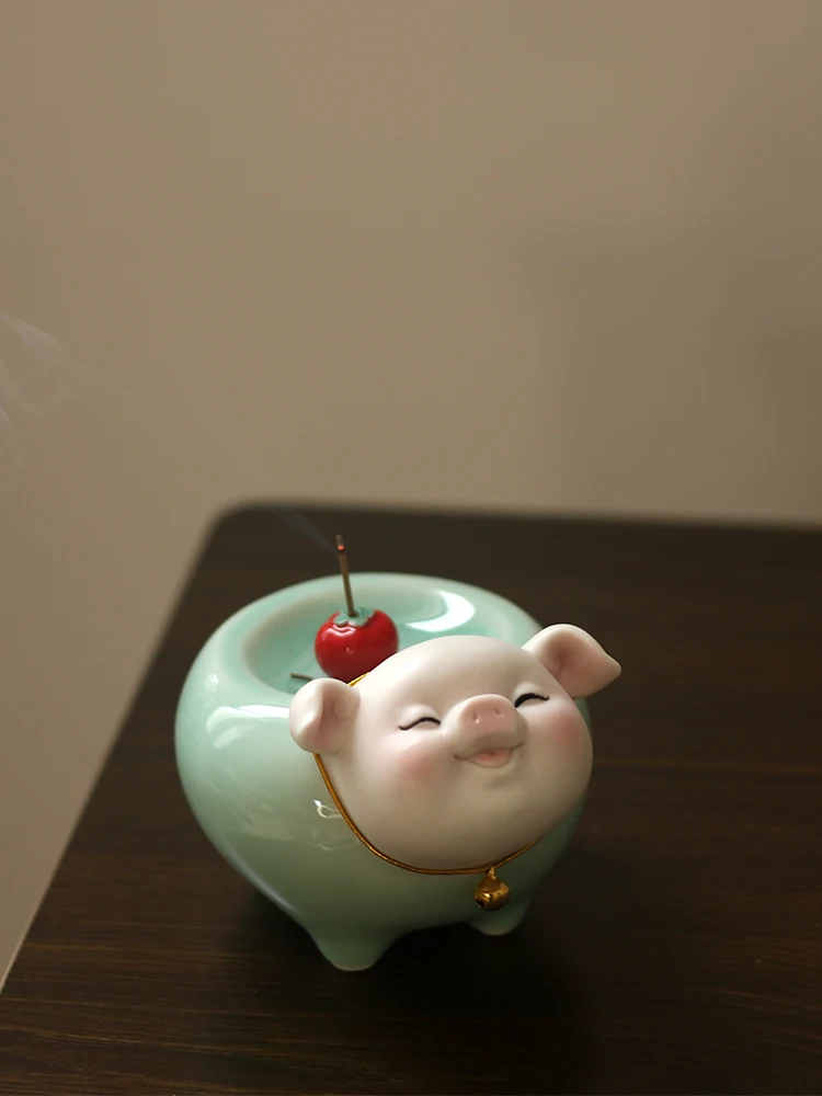 Celadon cute pig ornament cartoon line creative tea room decoration incense crafts