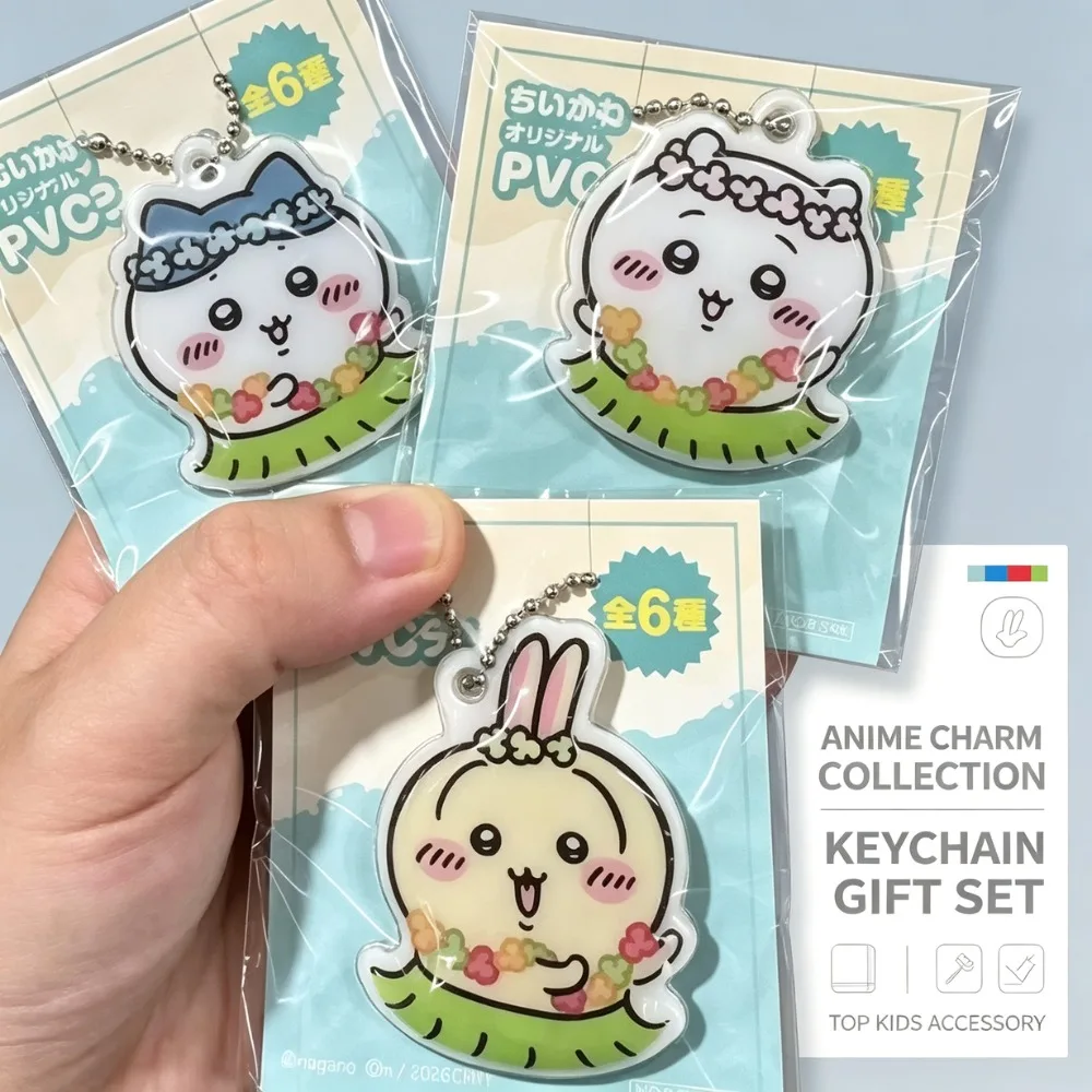 Chiikawa Kawaii Acrylic PVC Keychain Hawaii Hula Series Usagi Hachiware Character Pendant, Backpack Bag Charm Keyring Cute Anime
