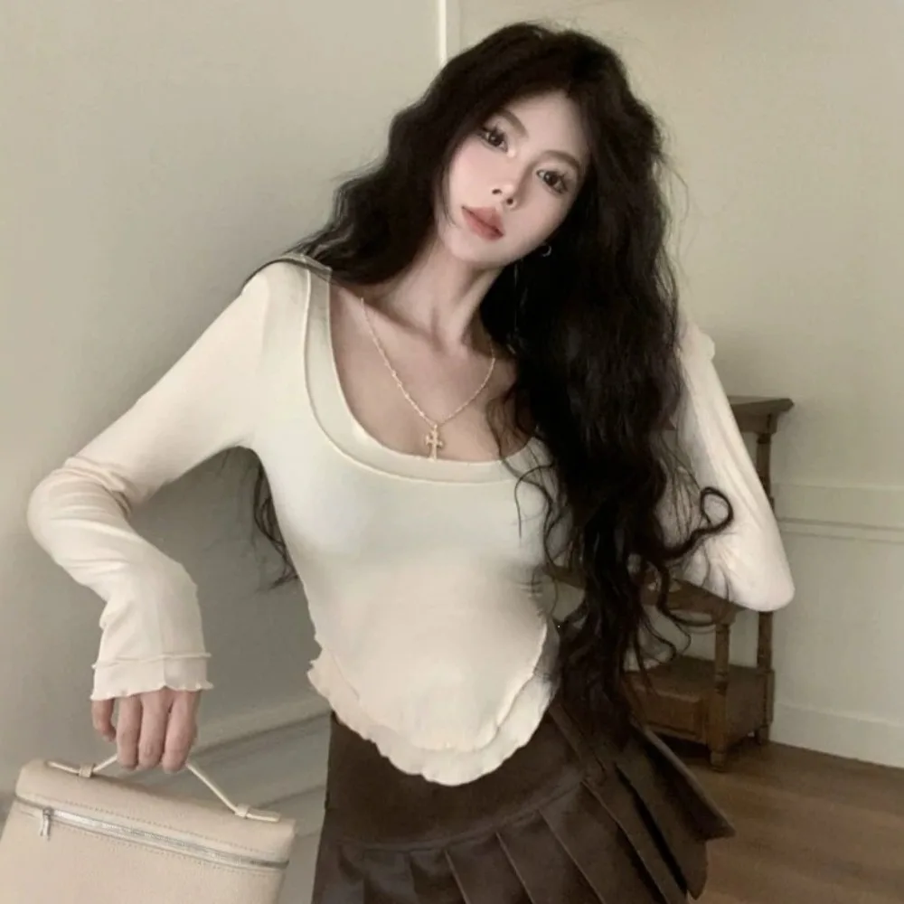 Sexy U-Neck Long Sleeve Tee Beige Coffee Color Asymmetric Hem Ruched Top Slim Fit Short Blouse for Women Fall Layering Shirts