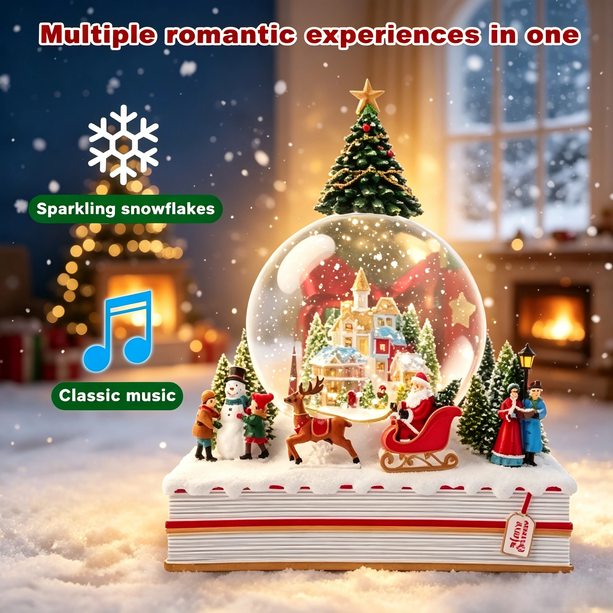 Exquisite Bible Pedestal Snow Globe Music Box Rotating Crystal Ball with Church Interior Winter Scenery Classic Carriages Vivid Figures & Cute Snowmen Magical Falling Snow Effect Festive Christmas Home Decoration Thoughtful Holiday Present for