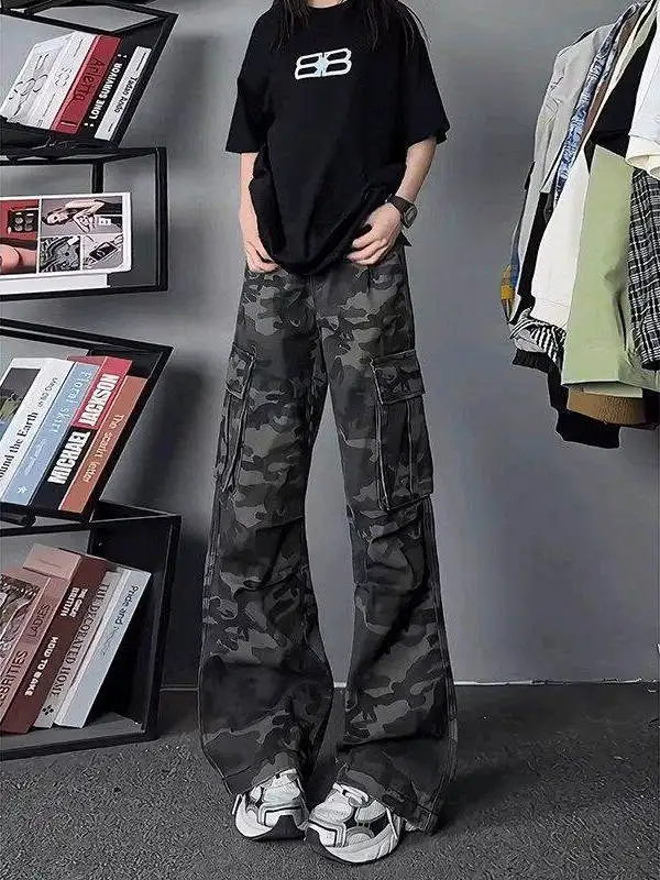 

American Retro Camouflage Cargo Pants Men's Spring Multi-ket Logging Workwear Straight Leg Casual Trousers