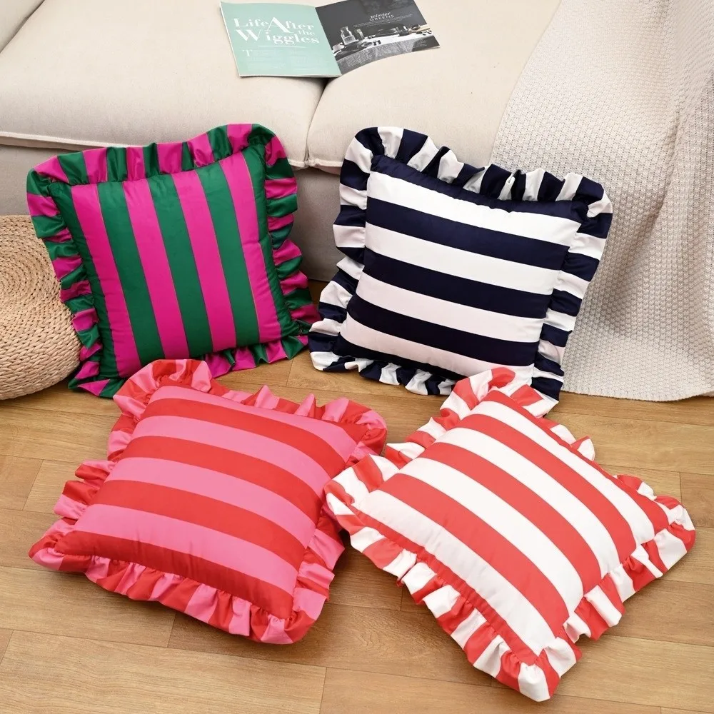 INS Striped Pillow Case Cover Velvet Lotus Leaf Skirt Edge Pillowcase Home Decor Soft Cozy Cushion Cases Couch Bedroom