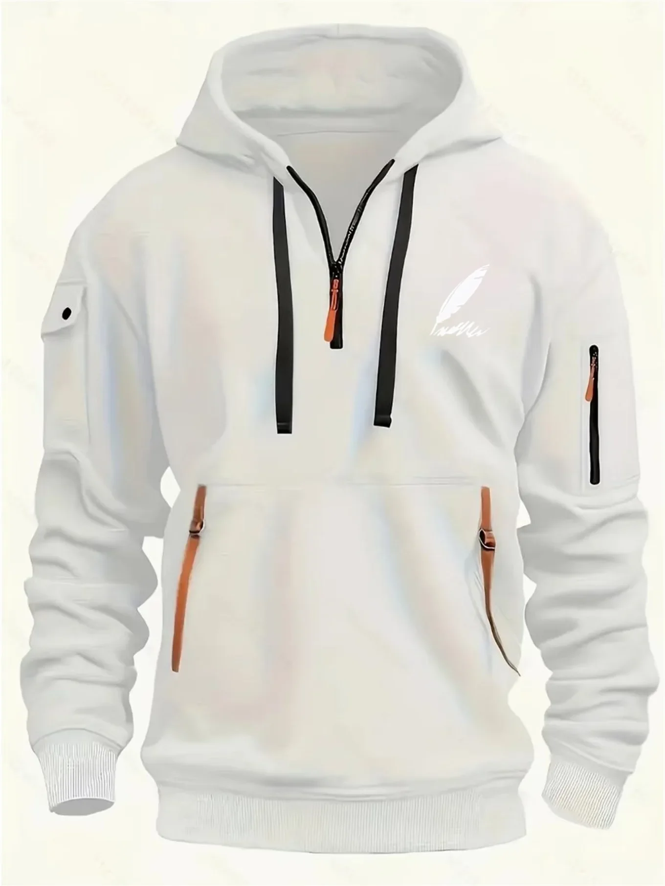 Multi pocket zipper long sleeved men's and women's spring and autumn hoodies feather pattern printed warm and comfortable fabric