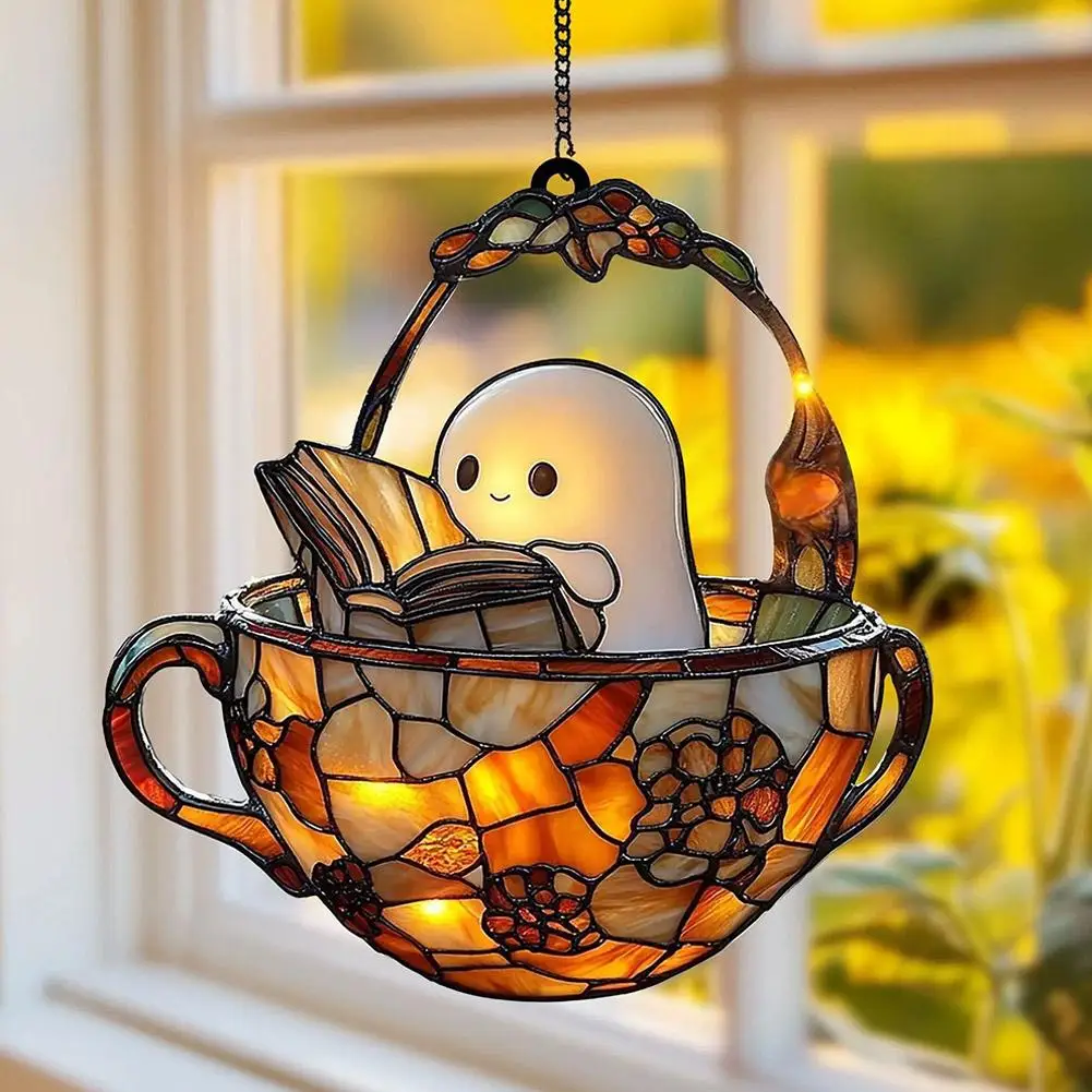 Ghost Reading Book Window Ornament 2D Halloween Ghost Reading Book Suncatcher Hanging Decor Colorful Shadow Home Decorations