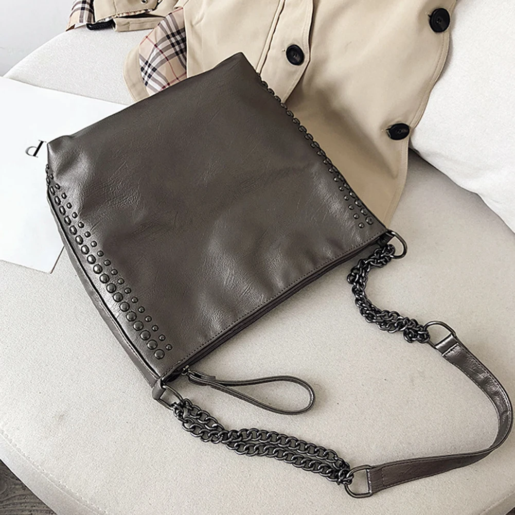 Casual Women Solid Color Rivet Chain Shoulder Bag Faux Leather Crossbody Pouch Faux Leather with Chain &Rivet Women Shoulder Bag