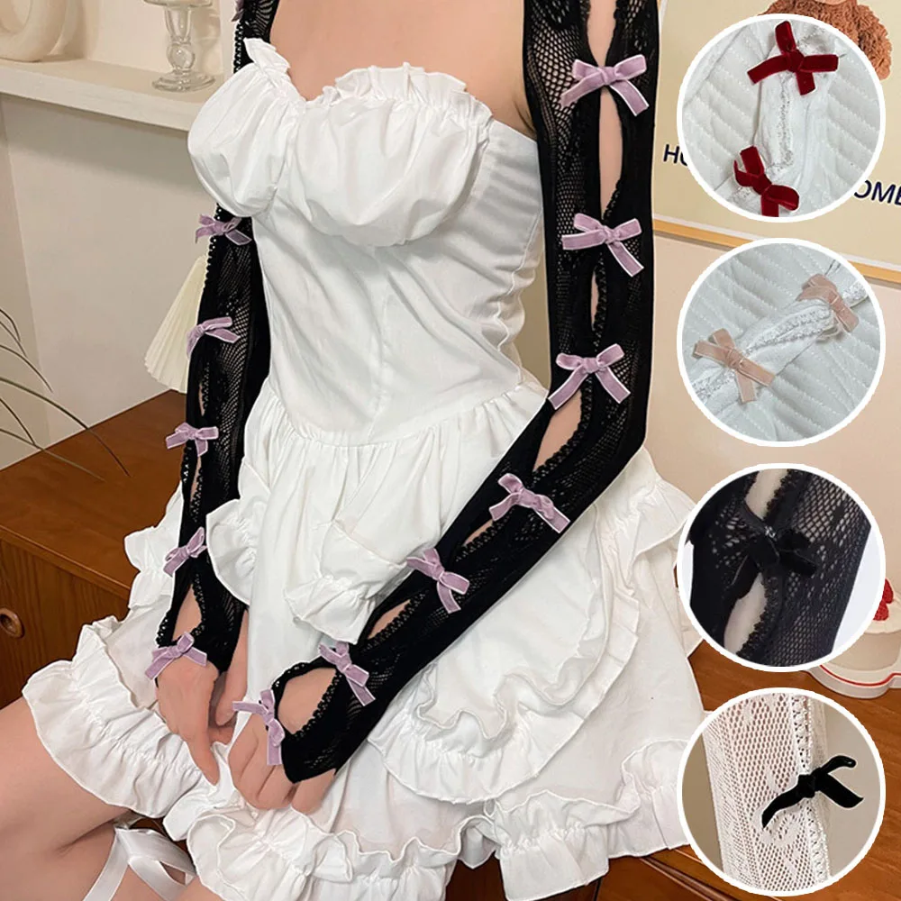 2024 New Lolita Lace Bow Sleeves Sweet One-piece Y2K Locked Bowknot Oversleeve Wraps Jk Spicy Girls Lace Cuffs Party Long Glove