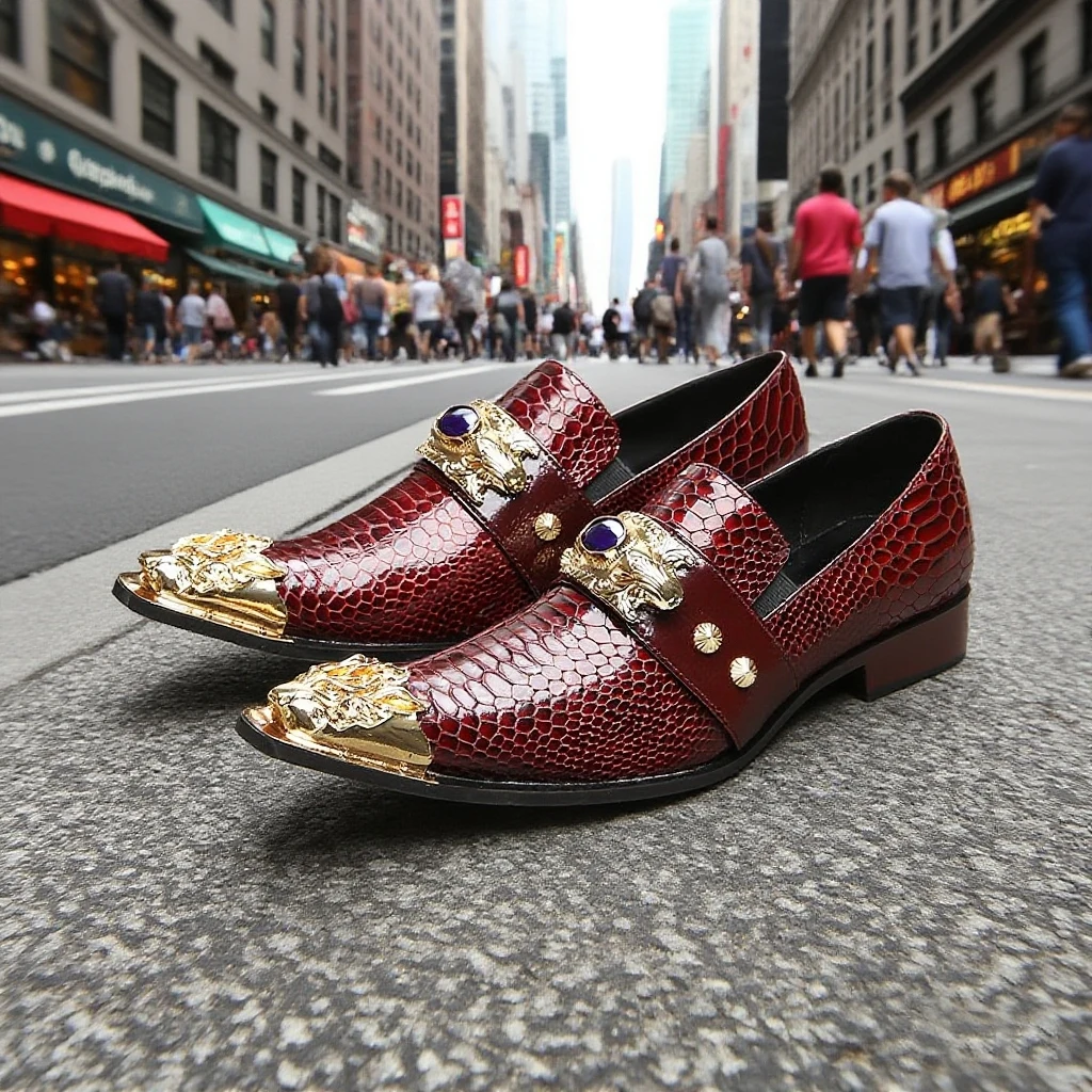 Men's Wine‑Red Snake‑Print Genuine Leather Dress Shoes Gold Tiger Buckle With Purple Gem Decor Urban Fashion Footwear For Party