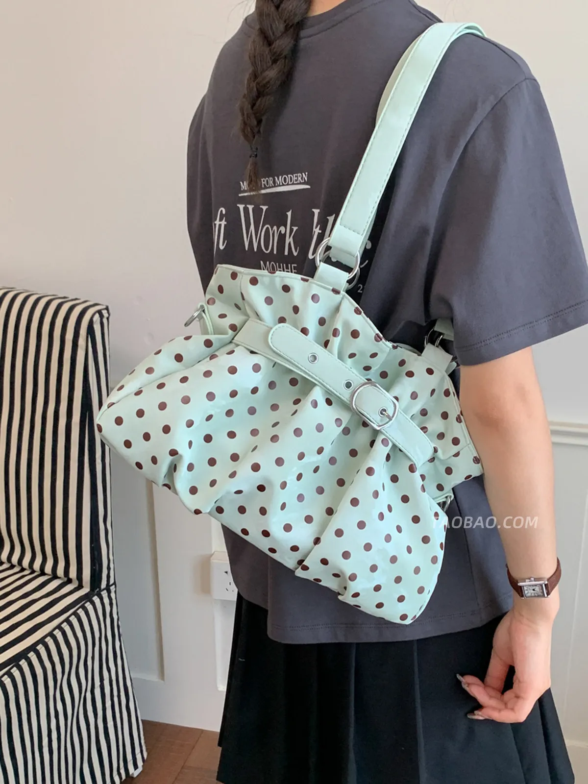 Women Polka Dot Tote Bag  Ruched Shoulder Bag Large Capacity Casual Crossbody Handbag with Adjustable Strap for Commute School