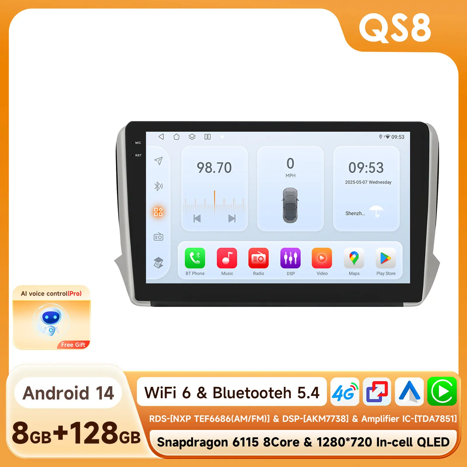 2 Din Android 14 Auto Multimedia Speler voor Peugeot 208 2008 Serie 2012-2018 Navigatie GPS AutoRadio Stereo DSP BT SWC DVR Cam