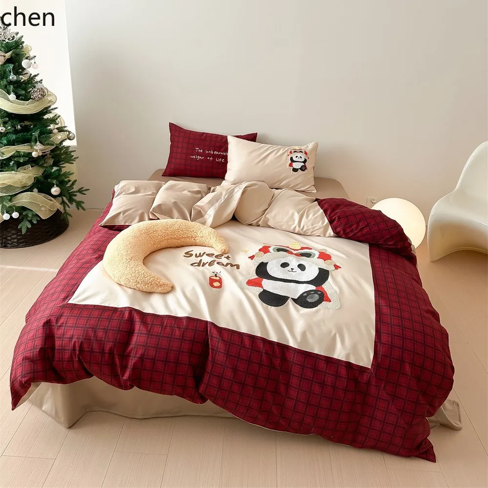 YFY towel-embroidered long-staple cotton four-piece set, pure cotton cute digital print duvet cover and bed sheet