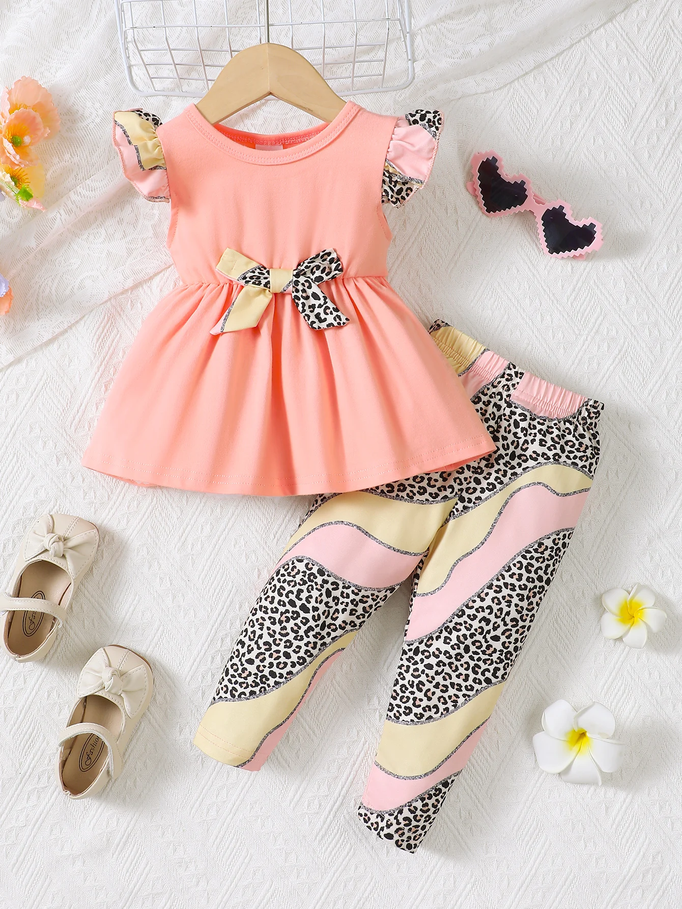 Neues zweiteiliges Set für Babys, Mädchen, lässig, Rundhalsausschnitt, ärmellos, Kleid, bedruckte Hose