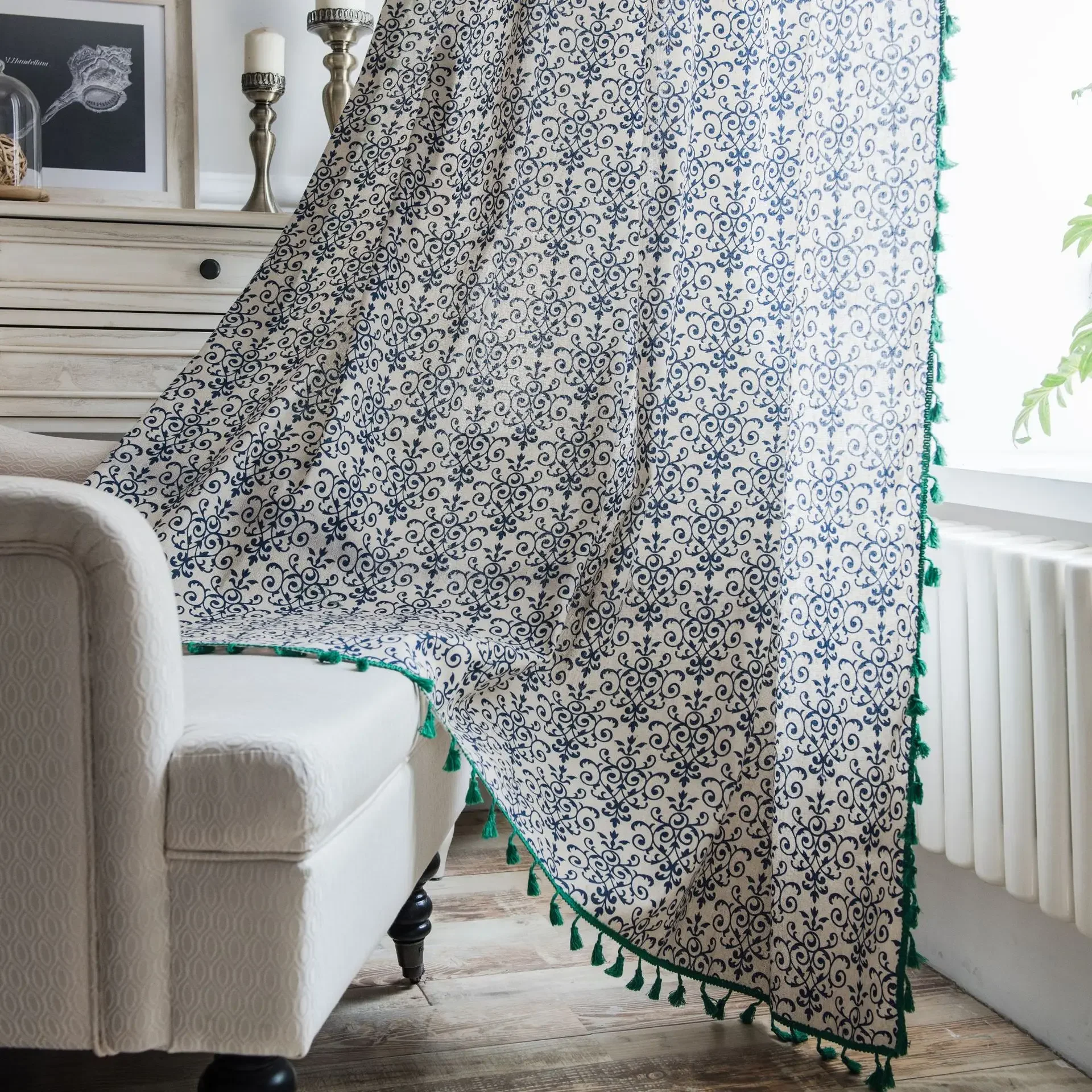 

Blue And White Porcelain Curtains French Rural And Pastoral Style Curtain With Green Broom Tassels Bedroom And Living Room