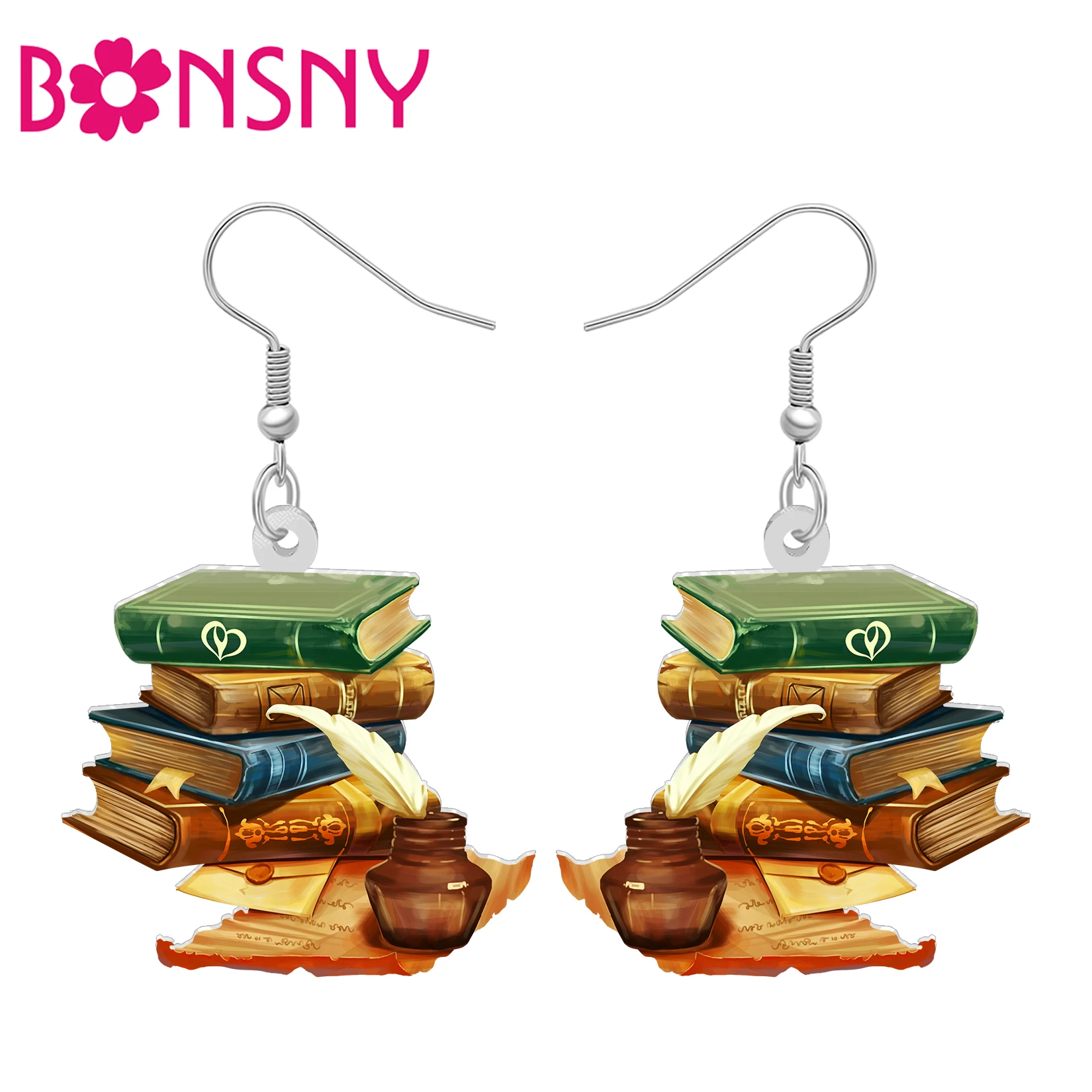 BONSNY Acrylic Retro Stacked Books Dangle Vintage Bookpile Jewelry Nostalgic Bookish Gifts For Women Girls Reader Charms