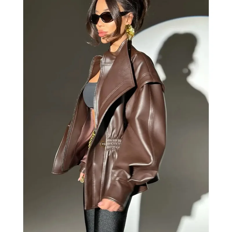 Jaqueta de Couro Vintage com Ombros Largos e Cintura Ajustada para Mulheres, Cor Sólida, Lapela Única, Zíper, Casaco Solto para Uso Diário