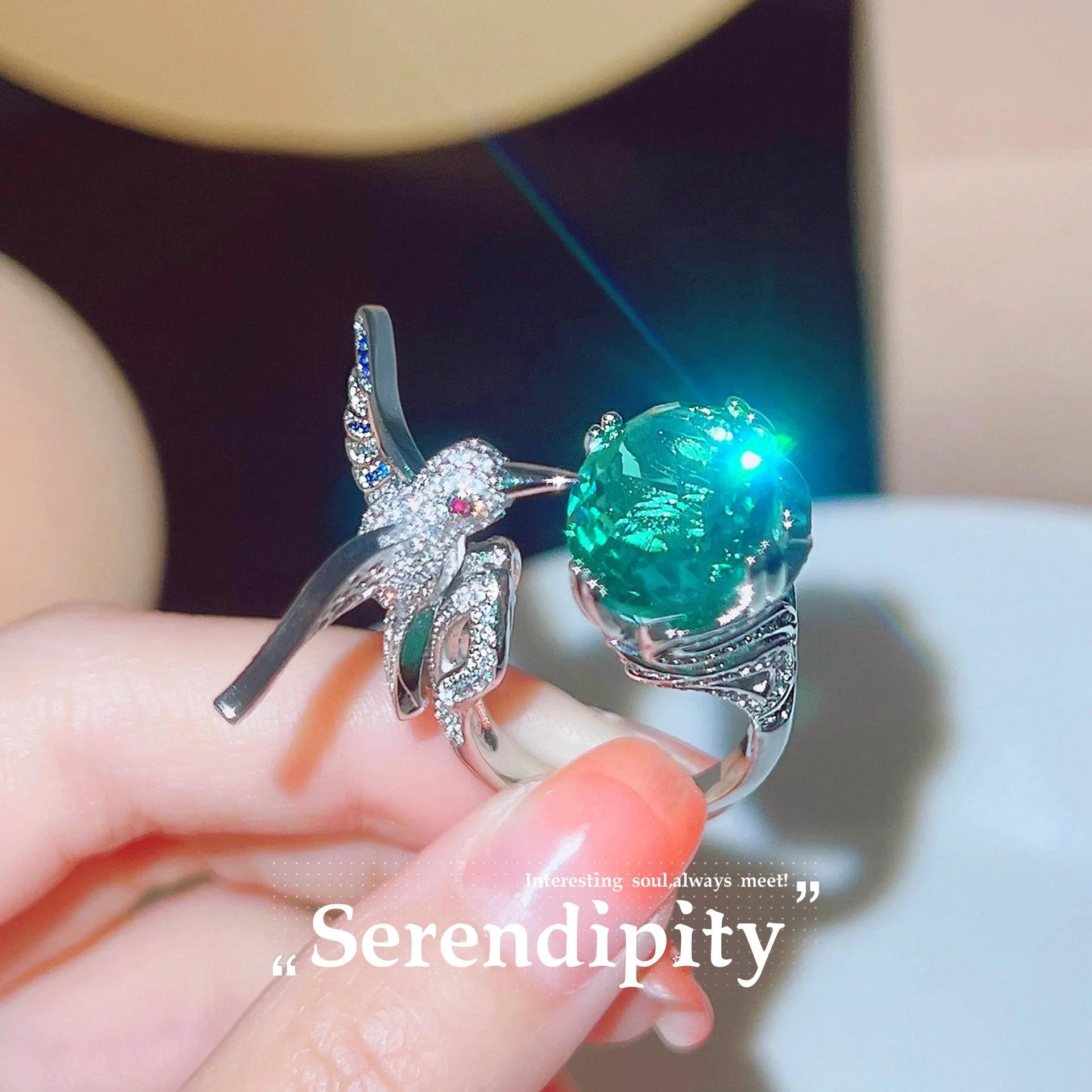 S925 Sterling Silver Open Ring with Aquamarine Hummingbird and Crystal Colored Gem Elegant Jewelry Gift for Women and Teen Girls view 3