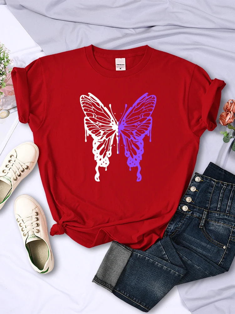 White And Purple Butterflies Personality Funny Print T-Shirt Women Summer Breathable Short Sleeve Soft Comfortable T Shirt Tees