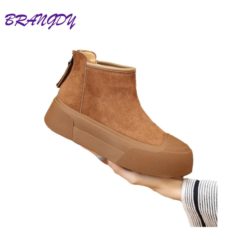 BRANGDY Women's Fashion Hick Soled Suede Short Boots Women's Versatile Height Increasing Snow Boots Back Zipper Cotton Shoes