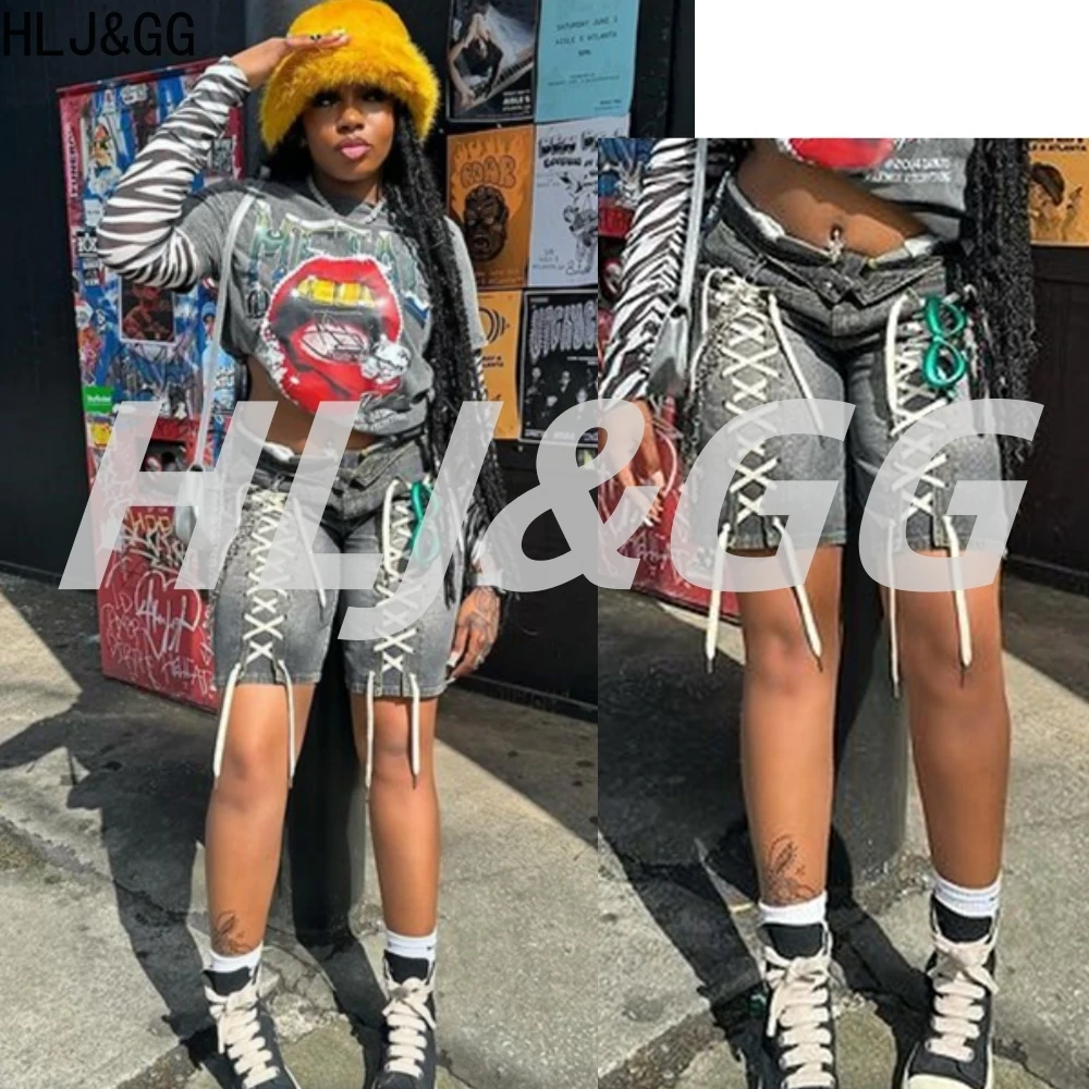 

HLJ&GG American Vintage Fashion Bandage Straight Jean Shorts Women High Waisted Button Loose Denim Shorts Female Cowboy Bottom