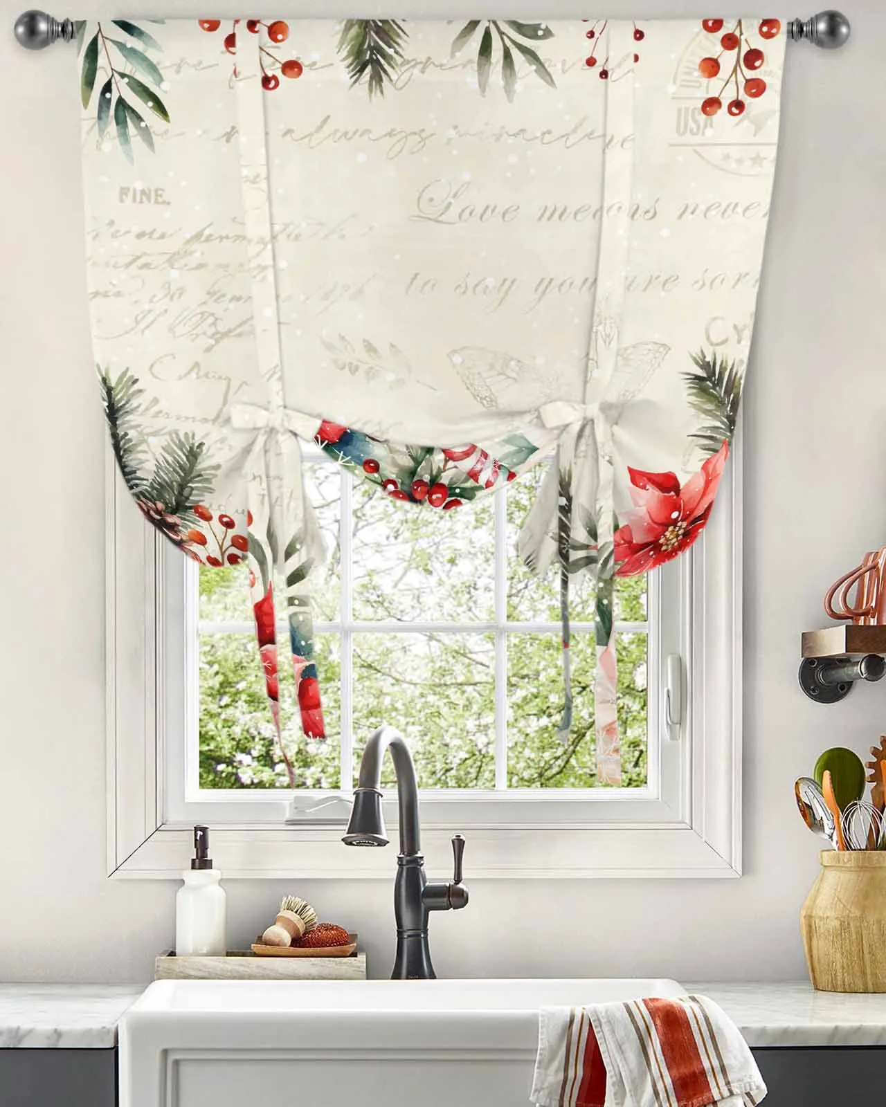 Christmas Poinsettia Berries Cedar Leaves Pine Cones Short Balloon Curtain Home Bedroom Kitchen Decor Tie Up Window Curtain