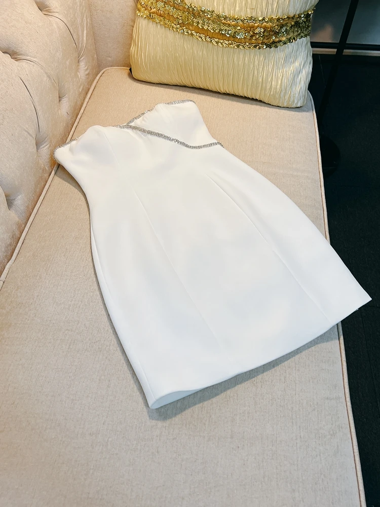 セクシーなストラップレス、ダイヤモンド装飾のレディースドレス、ボディコンスカート、ハイウエスト、Aライン、ショートドレス、ポリエステル繊維、ジッパー開閉