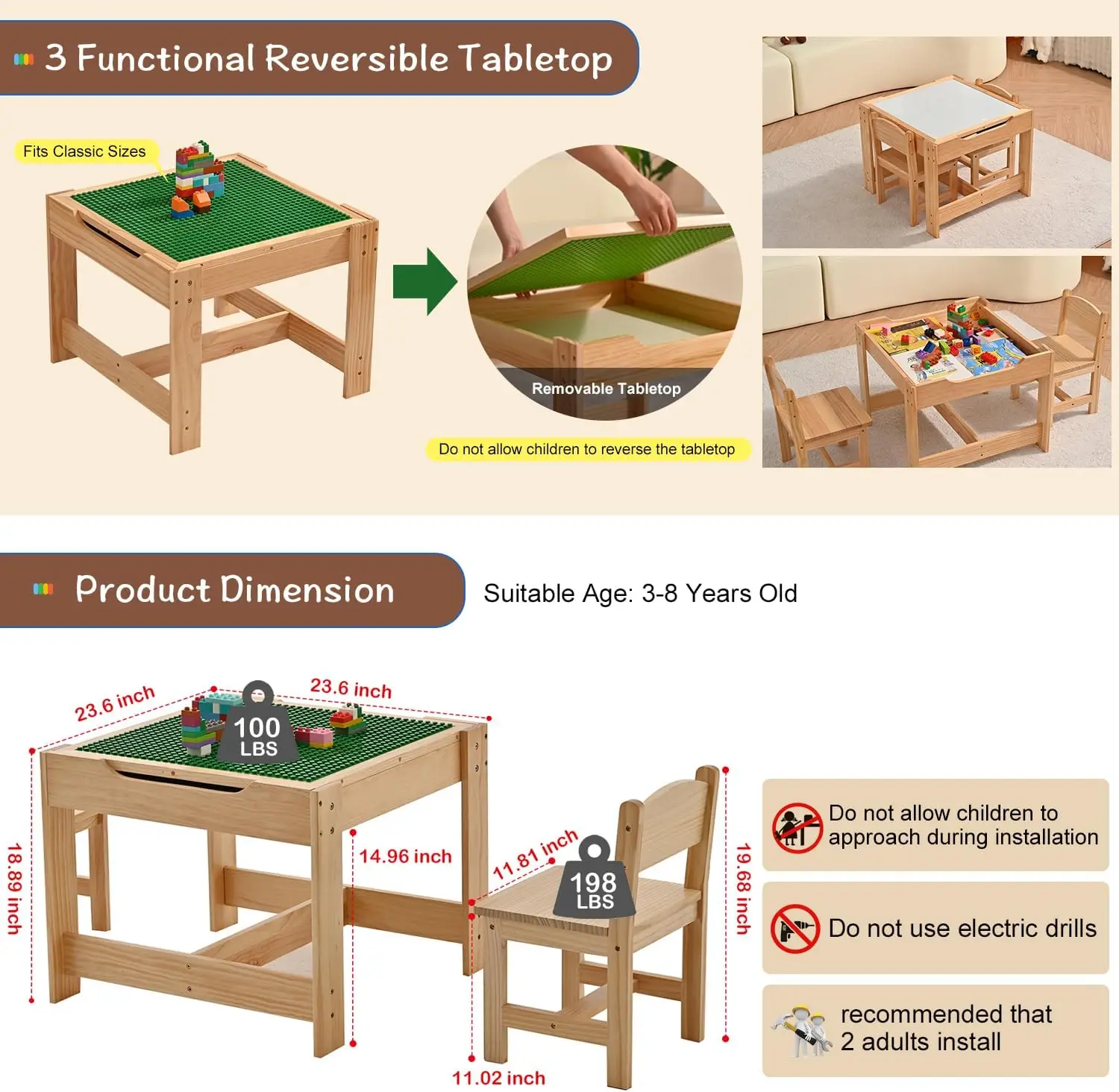 3 in 1 Kids Table and Set with Storage New Enamel Whiteboard and Built in Plate Detachable Tabletop Children Furniture Toddler 3