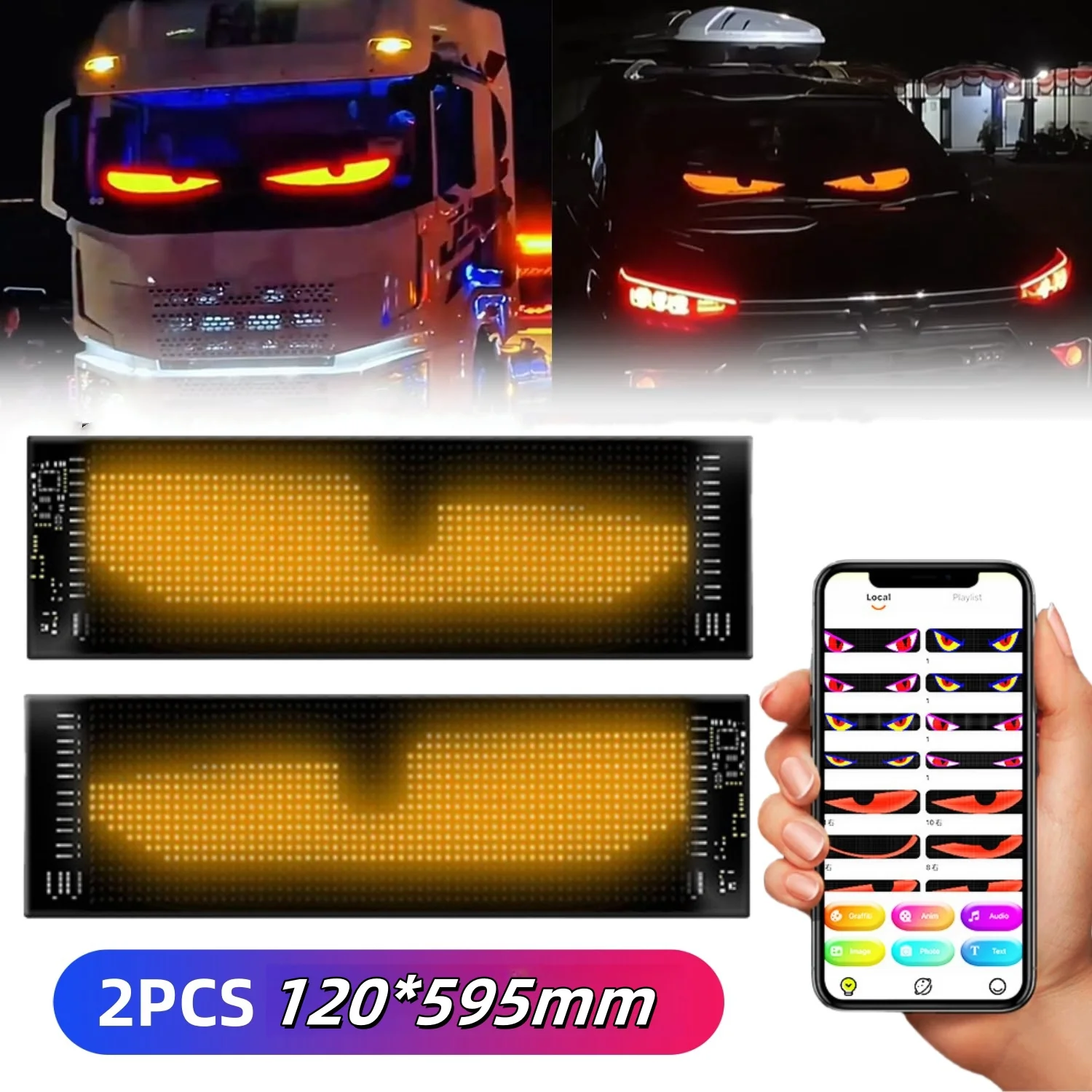 

2PCS Car Devil's Eye Light APP Remote Control LED Matrix Pixel Panel Graffiti Scrolling Text Board Windshield Advertising Screen