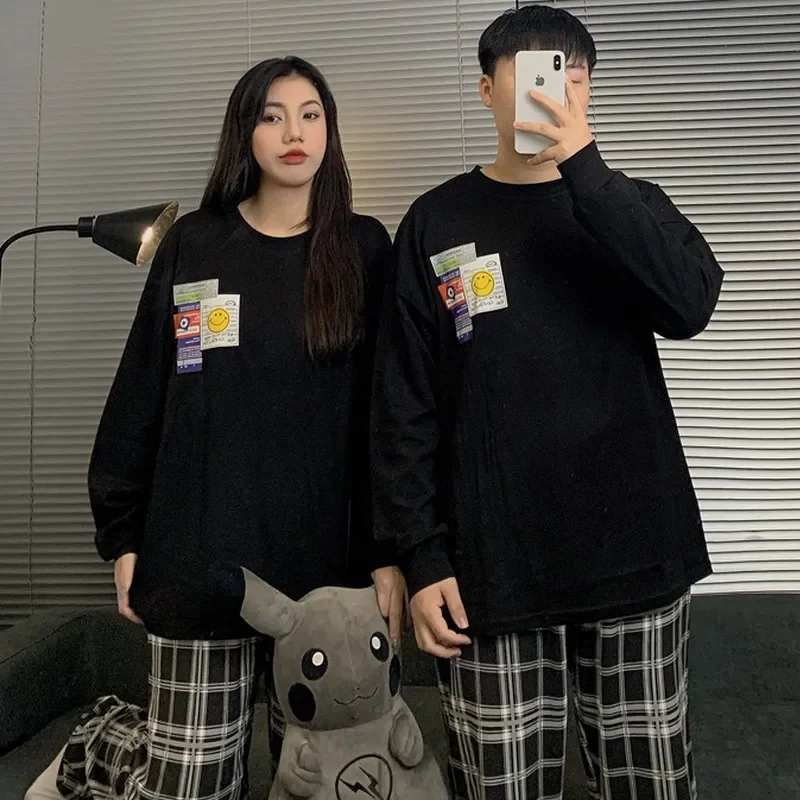 Casual Loose Pajamas Couple Dress Summer and Fall Black Long-sleeved Pants Models Men\'s Home Clothing Men Can Be Worn Outside