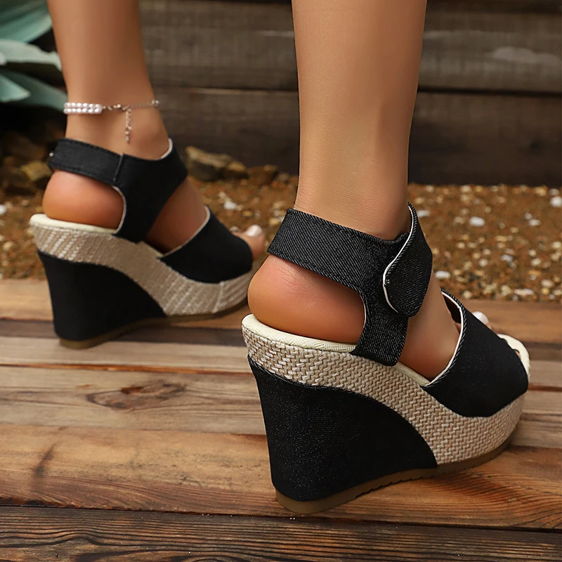 Blue Denim Wedge Sandals for Women 2026 Summer High Heels Platform Sandals Woman Plus Size 43 Patchwork Hook Loop Beach Shoes view 6