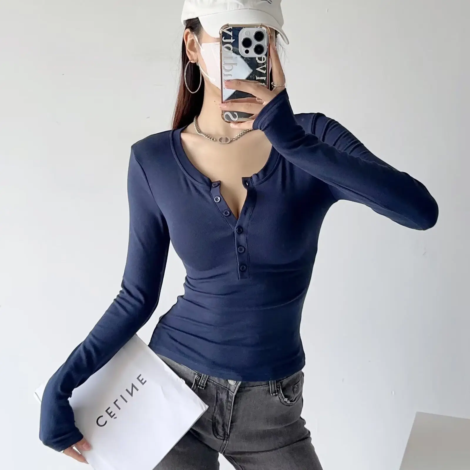 レディース スリムフィット 長袖 Tシャツ 春秋 カジュアル 裏起毛 ハーフボタン ストリートスタイル ベースレイヤー シャツ トップス