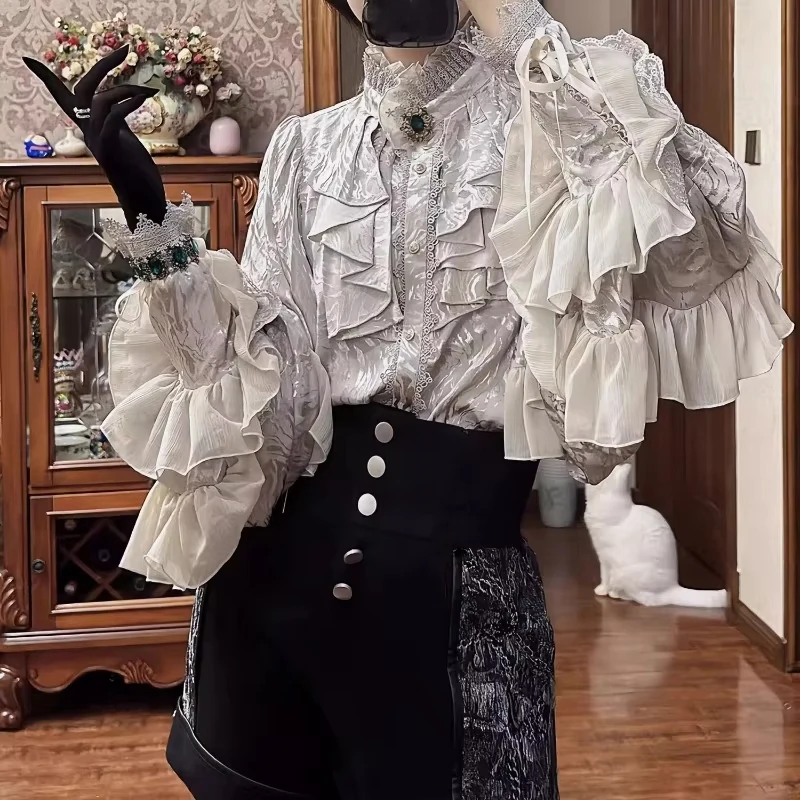 

Лолита Y2k Готическая темная академическая одежда Свободная рубашка с длинными рукавами Женская Y2k Воротник-стойка с оборками в стиле пэчворк Blusas De Mujer