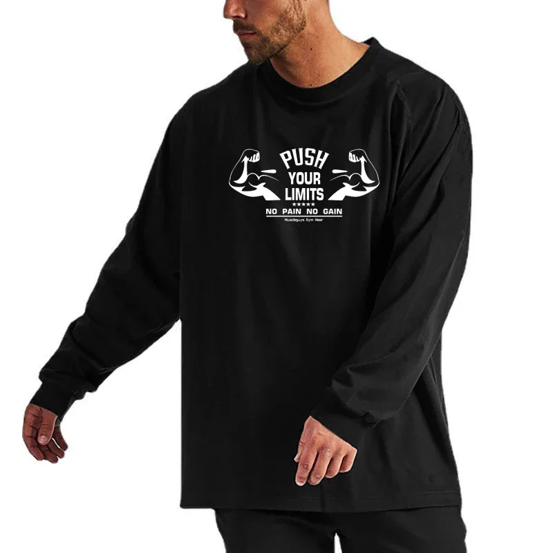 

Осенняя футболка большого размера с длинным рукавом, мужская свободная хлопковая футболка с заниженными плечами для фитнеса, осенние топы для тренажерного зала, бодибилдинга, футболки