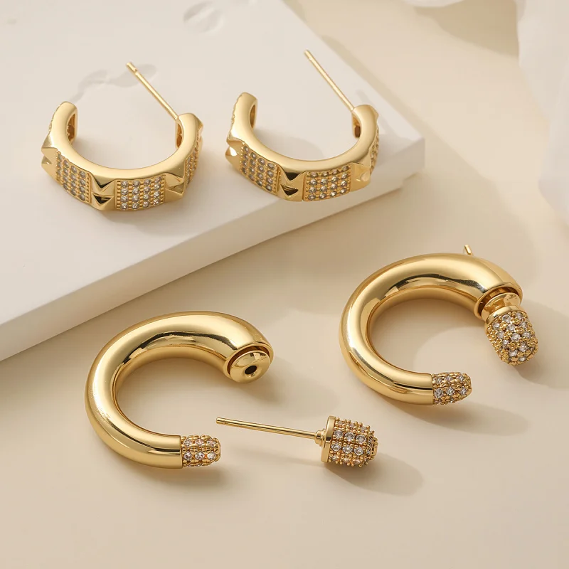 

European and American Fashion Light Luxury Copper Plated 18K Gold Zircon Geometric Earrings for Women Niche High-end Versatile E
