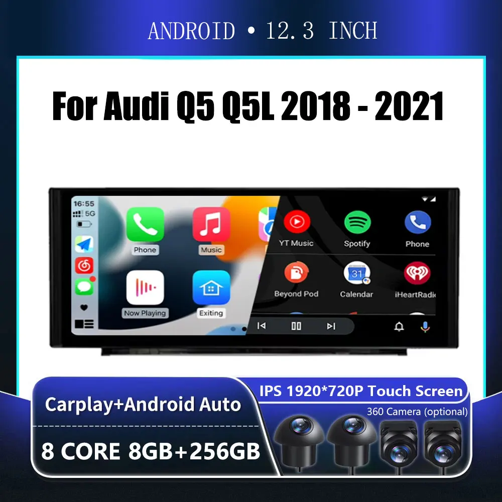 

12,3 дюймовый сенсорный экран Android OS для Audi Q5 Q5L 2018 2019-2021, автомобильный монитор Carplay, стереоколонки, радио, мультимедийный плеер