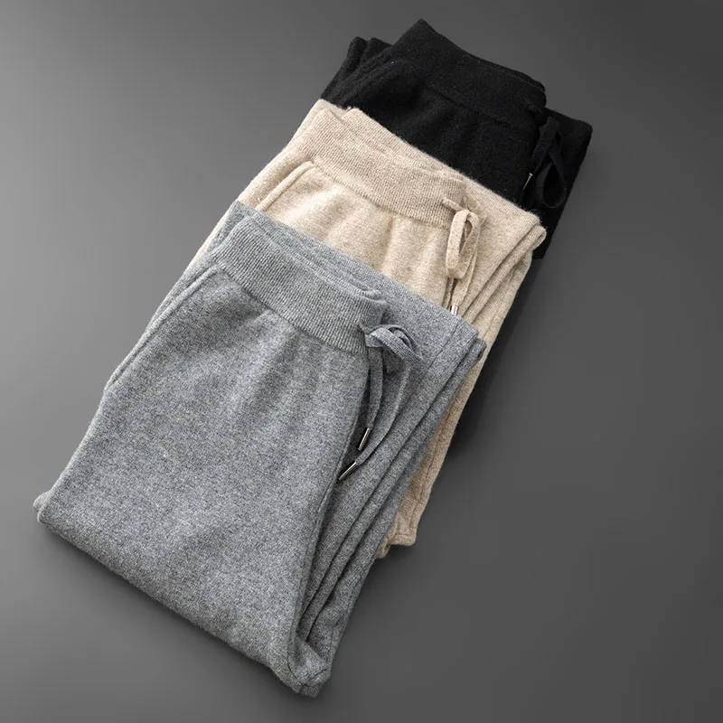 100% Cashmere Pants For Men High-Waisted Knitted Straight Pants Autumn And Winter Thickened Outerwear Trousers
