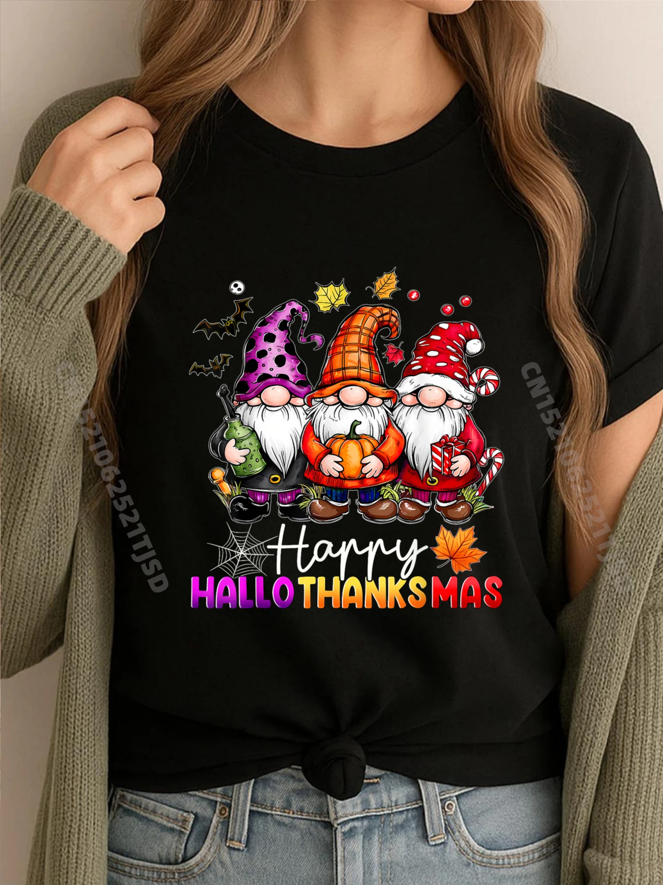 Happy Hallothanksmas Gnomes Lover Halloween Merry Christmas Graphic T Shirts Woman Cotton Men's T-Shirts Camisetas Hombre