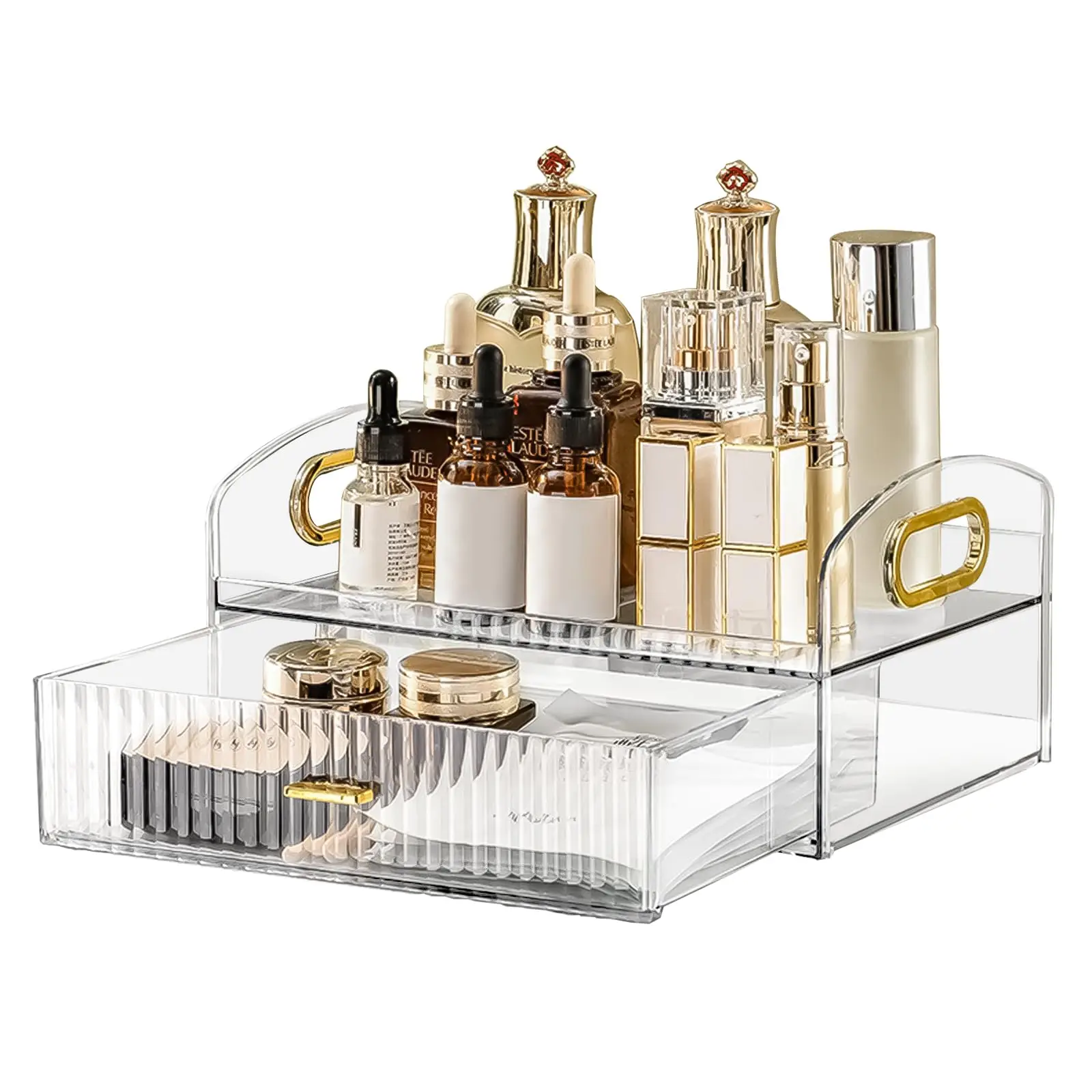 Makeup Organizer Countertop Clear Cosmetics Storage Boxes with Drawers & Portable Handle For  Vanity Skincare Desktop Bathroom