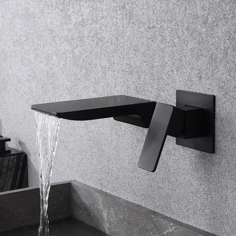 Creative In-wall Waterfall Faucet All Copper Black Wash Basin Hot And Cold Embedded Basin Concealed Faucet