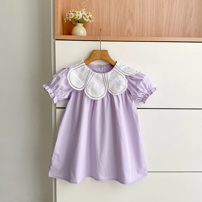 2026 Summer New 2-6Yrs Baby Dress Girl Purple Princess Puff Sleeve Korean Style Petal Collar Toddler Kid Cotton Cute Party Dress