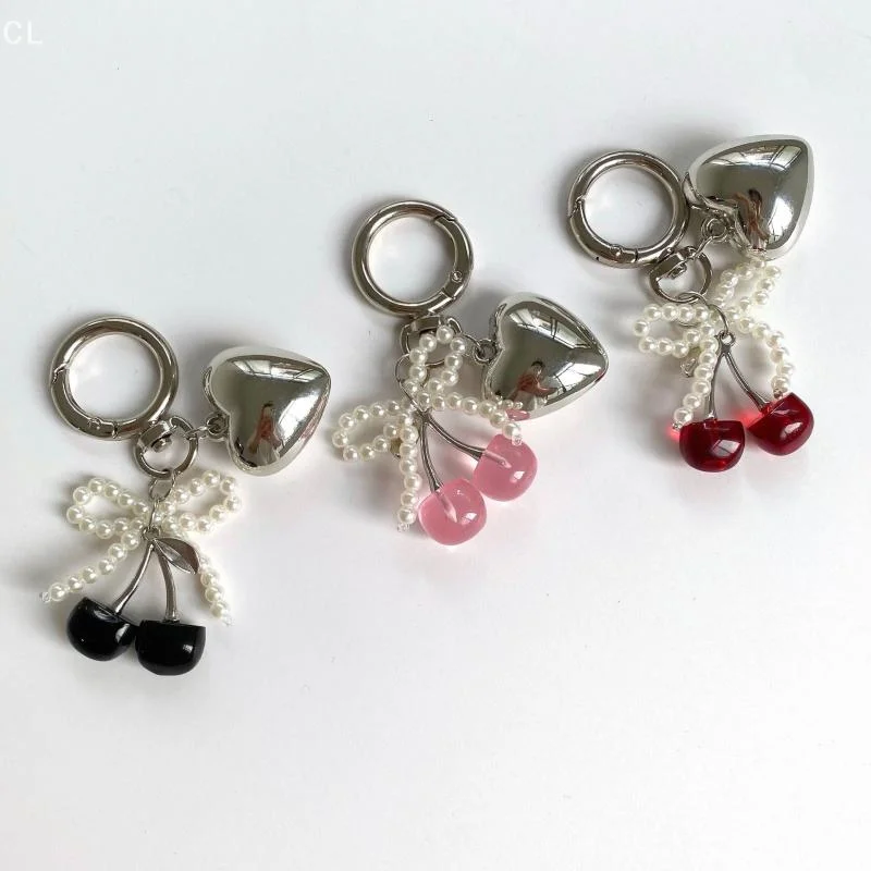 Eye-catching Pearl Bow Keychain with 3D Crystal Cherry; Silver Heart Pendant for Women's Bag