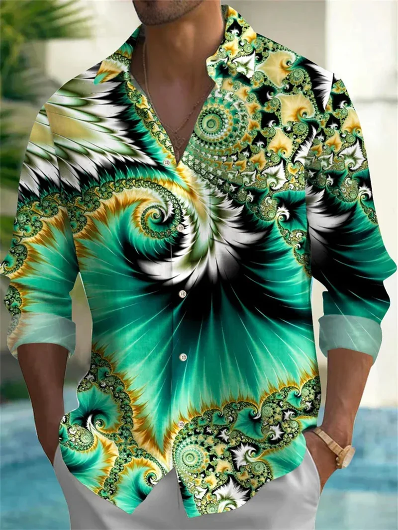 Men's New Colorful 3D Printing Shirt Linen Shirt Floral Print Lapel Outdoor Street Long Sleeved Fashionable Streetwear Designer