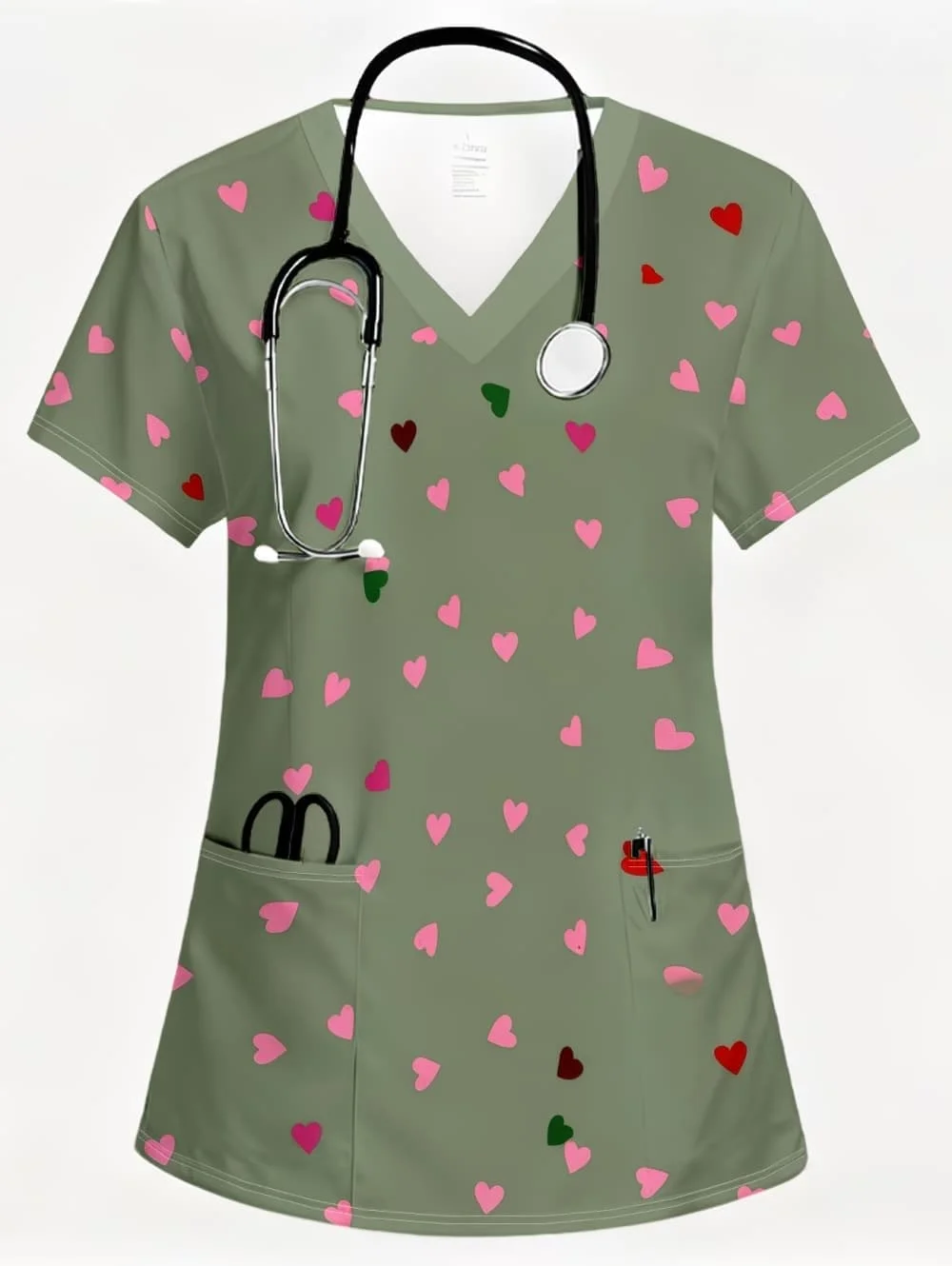 

Nursing Uniform Woman Comfortable Dentist Vet V-Neck Short Sleeve Women Scrub Fashion Heart Pattern Print Clinical Uniform Woman