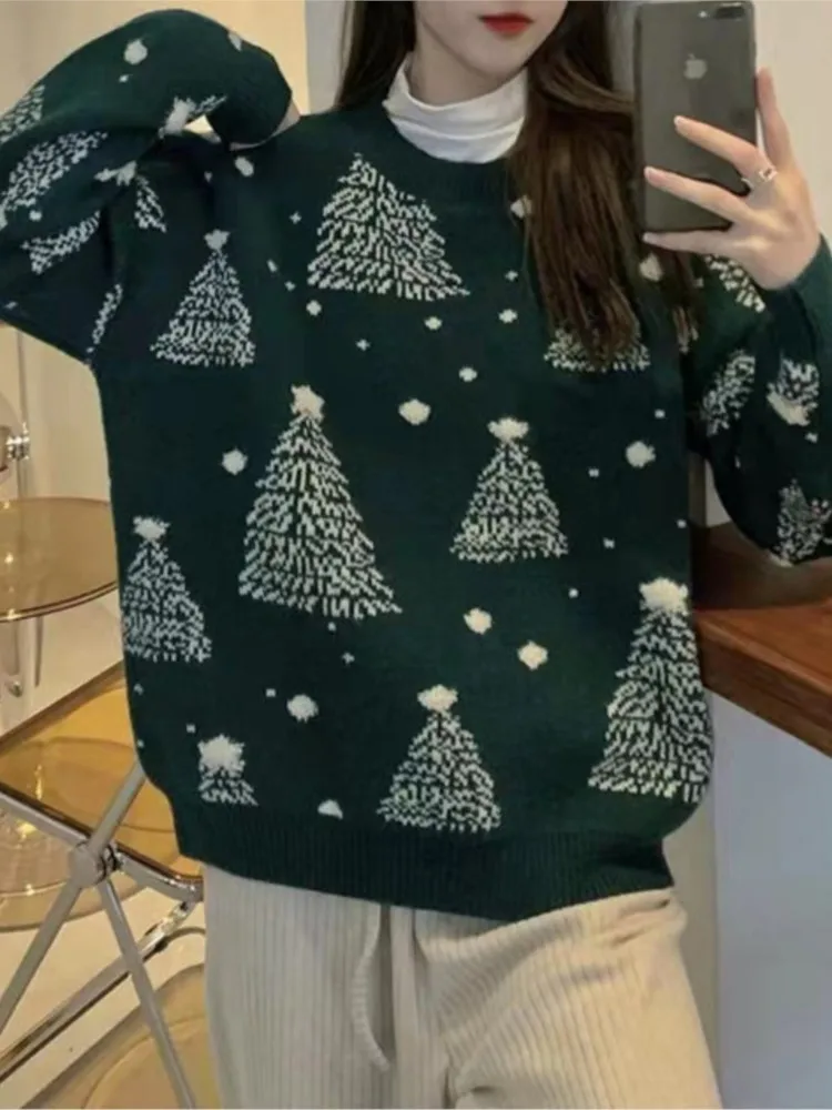 Ugly Christmas Snowflake Print Knitted Sweater Women Autumn Winter 2024 New Fashion Loose O-neck Long Sleeve Pullovers Jumper